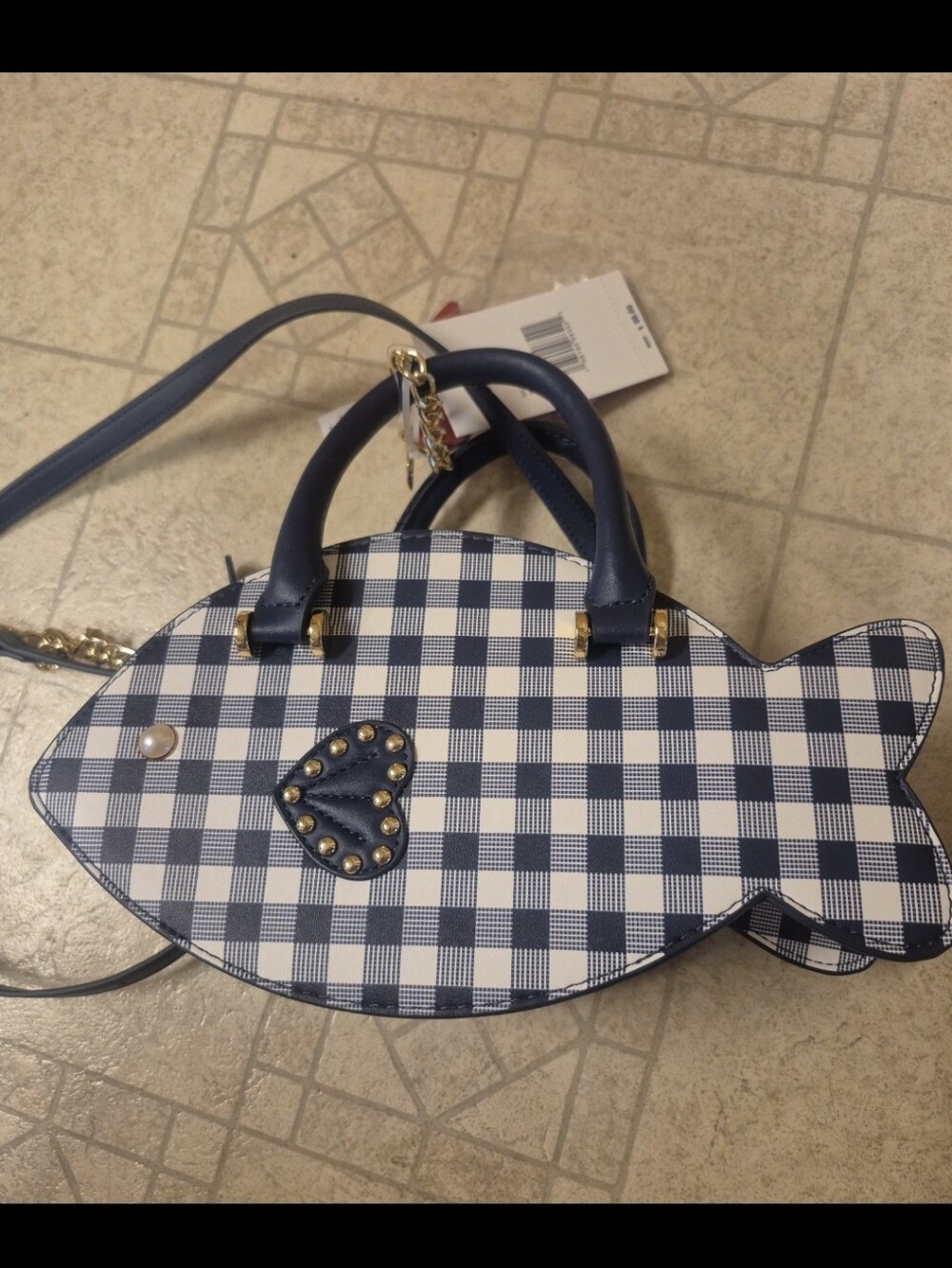 Betsey Johnson XO Sea Fish Shaped Navy & White Gingham Pattern Crossbody Bag - Picture 8 of 8